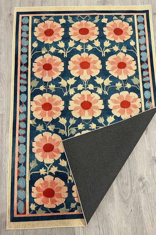 Çiçekli Floral Mavi Pembe Pop Art Salon Halısı Mutfak Halısı Yolluk Otantik Halı Halı Vagonu 231 - HALI VAGONU