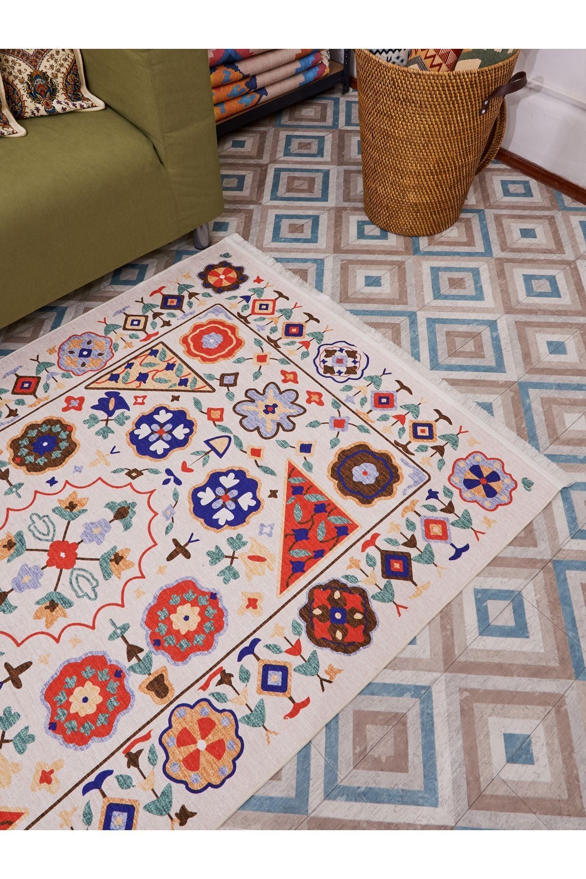 HV  2035 Renkli Klasik Desenli Yıkanabilir Dokuma Taban Salon Halısı Koridor Ve Mutfak Halısı
