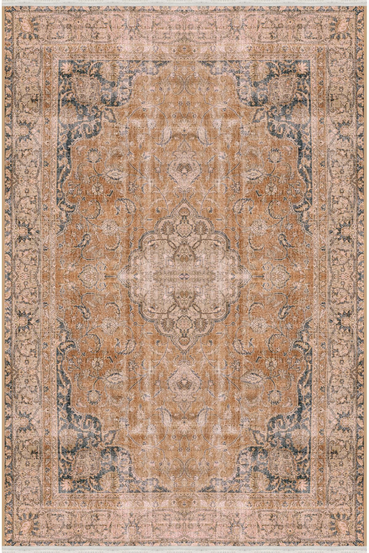 Halı Vagonu Serisi Hardal Eskitme Antika Desen Kaymaz Taban Şönil Halı