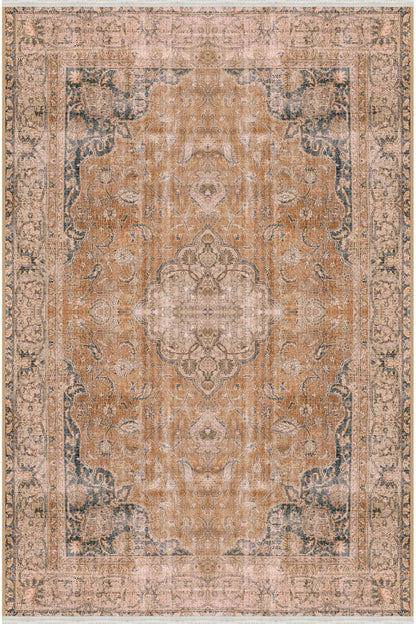 Halı Vagonu Serisi Hardal Eskitme Antika Desen Kaymaz Taban Şönil Halı