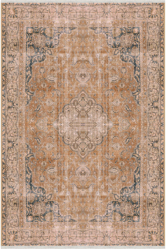 Halı Vagonu Serisi Hardal Eskitme Antika Desen Kaymaz Taban Şönil Halı