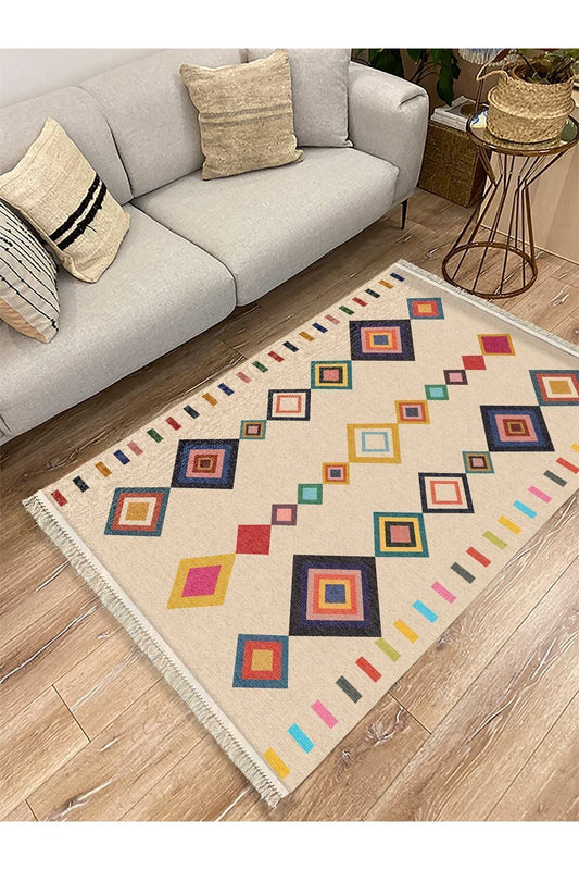 Cotton Serisi Krem Tonunda Bordürlü Desen Dekoratif Dokuma Taban Kilim