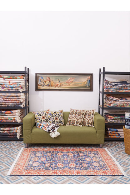 Halı Vagonu 2030 Pastel Lacivert Kiremit Çiçekli Retro Bohem Dokuma Taban Salon Halısı Mutfak Halısı