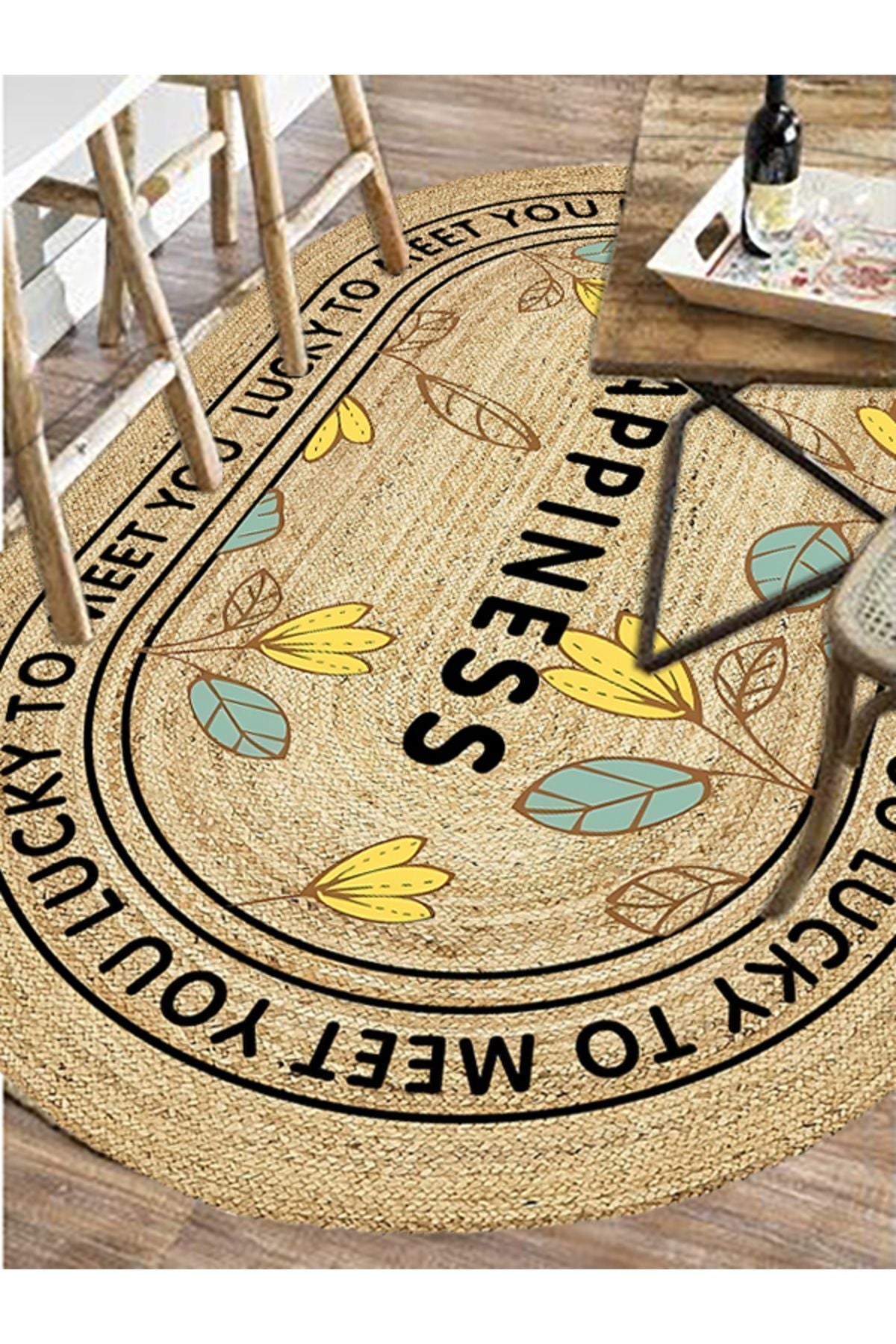 Boho 988 Jüt Hasır Etnik Desenli Oval Jüt Örme Doğal Hasır Natural Oval Halı