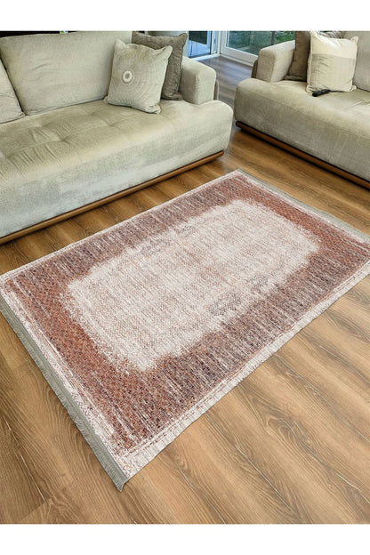 Halı Vagonu Halı 2096 Kahve Tonunda Geometrik Kilim Salon Halısı Saçaklı Yıkanabilen Halı