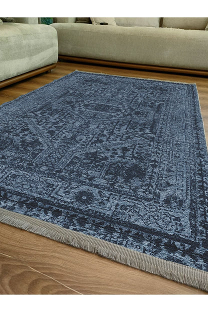 Halı Vagonu Serisi Lacivert Eskitme Antika Desen Kaymaz Taban Şönil Halı