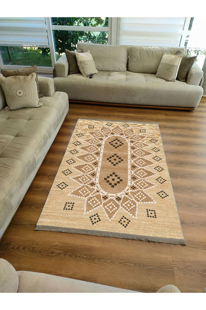 Halı Vagonu105 Jut Tonlarında Klasık Dekoratif Kilim Salon Halısı Saçaklı Yıkanabilen Halı