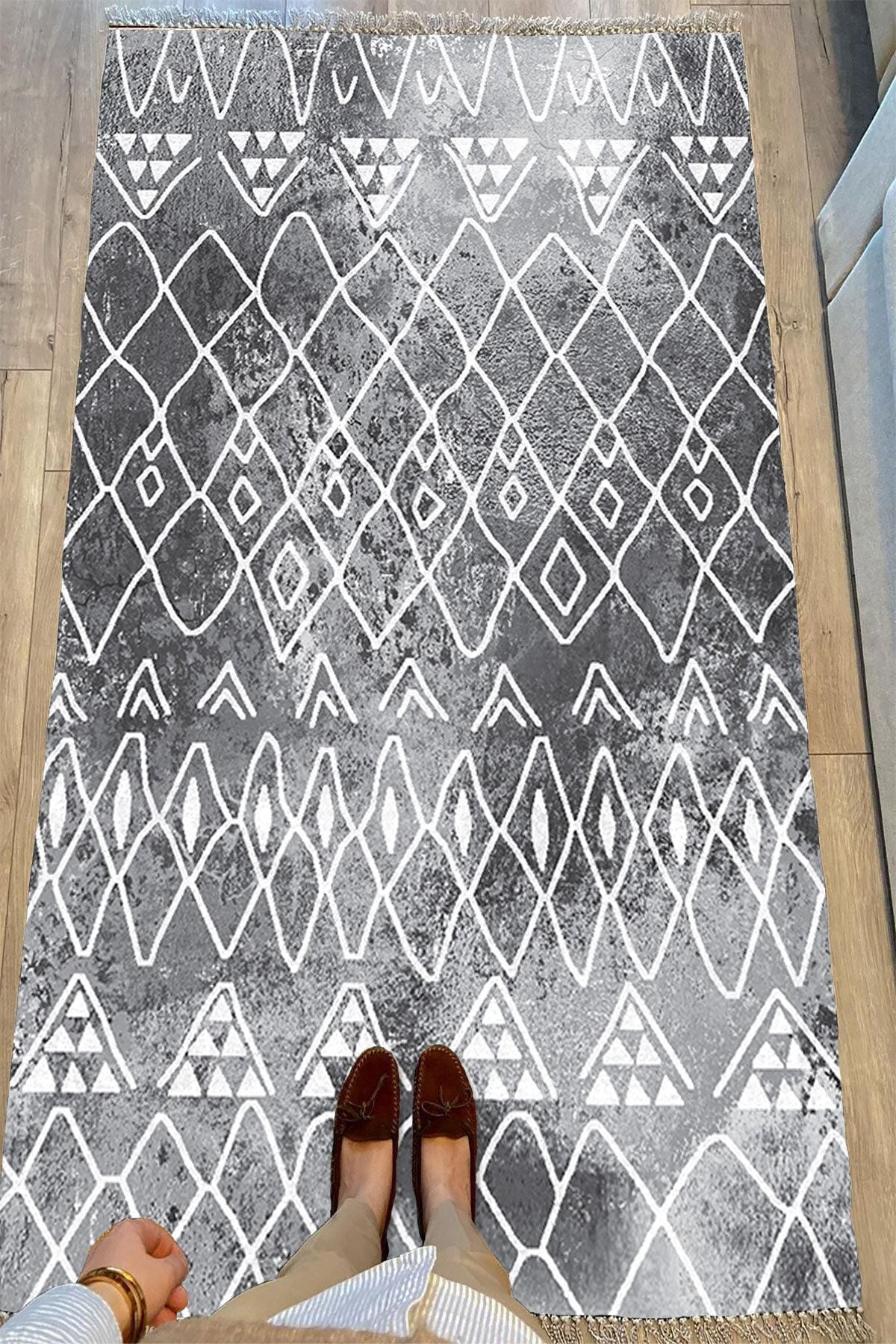 Cotton Serisi Gri Tonlarında Iskandinav Desen Dekoratif Dokuma Taban Kilim