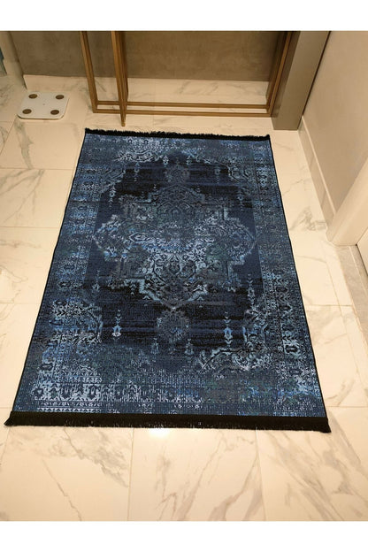 Halı Vagonu Serisi Lacivert Eskitme Antika Desen Kaymaz Taban Şönil Halı