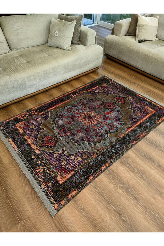 HV 69 Siyah Ve Koyu Yeşil Tonlarında Dekoratif Salon Halısı Klasik Halı Saçaklı Yıkanabilen Halı