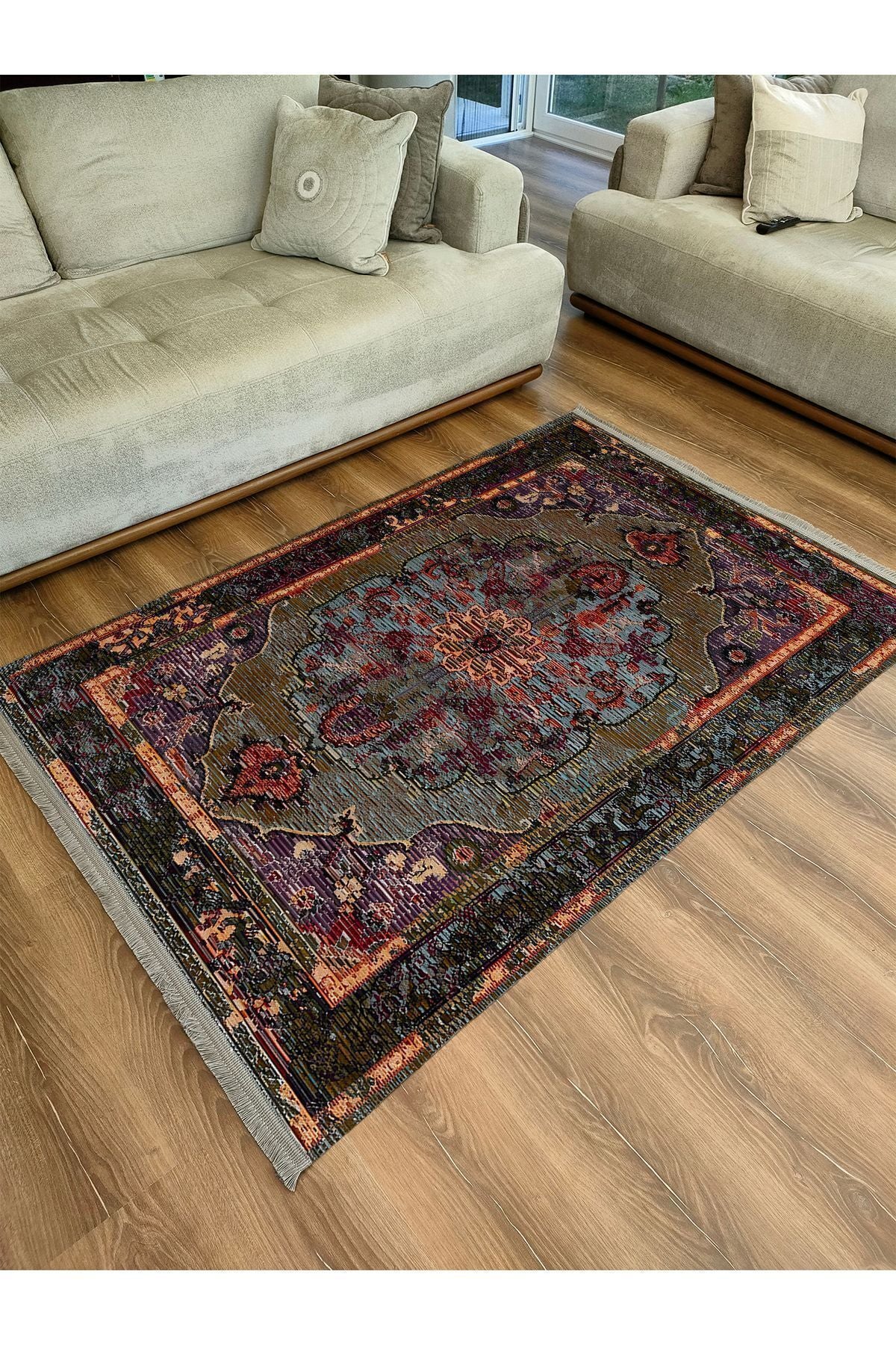 HV  69 Siyah Ve Koyu Yeşil Tonlarında Dekoratif Salon Halısı Klasik Halı Saçaklı Yıkanabilen Halı