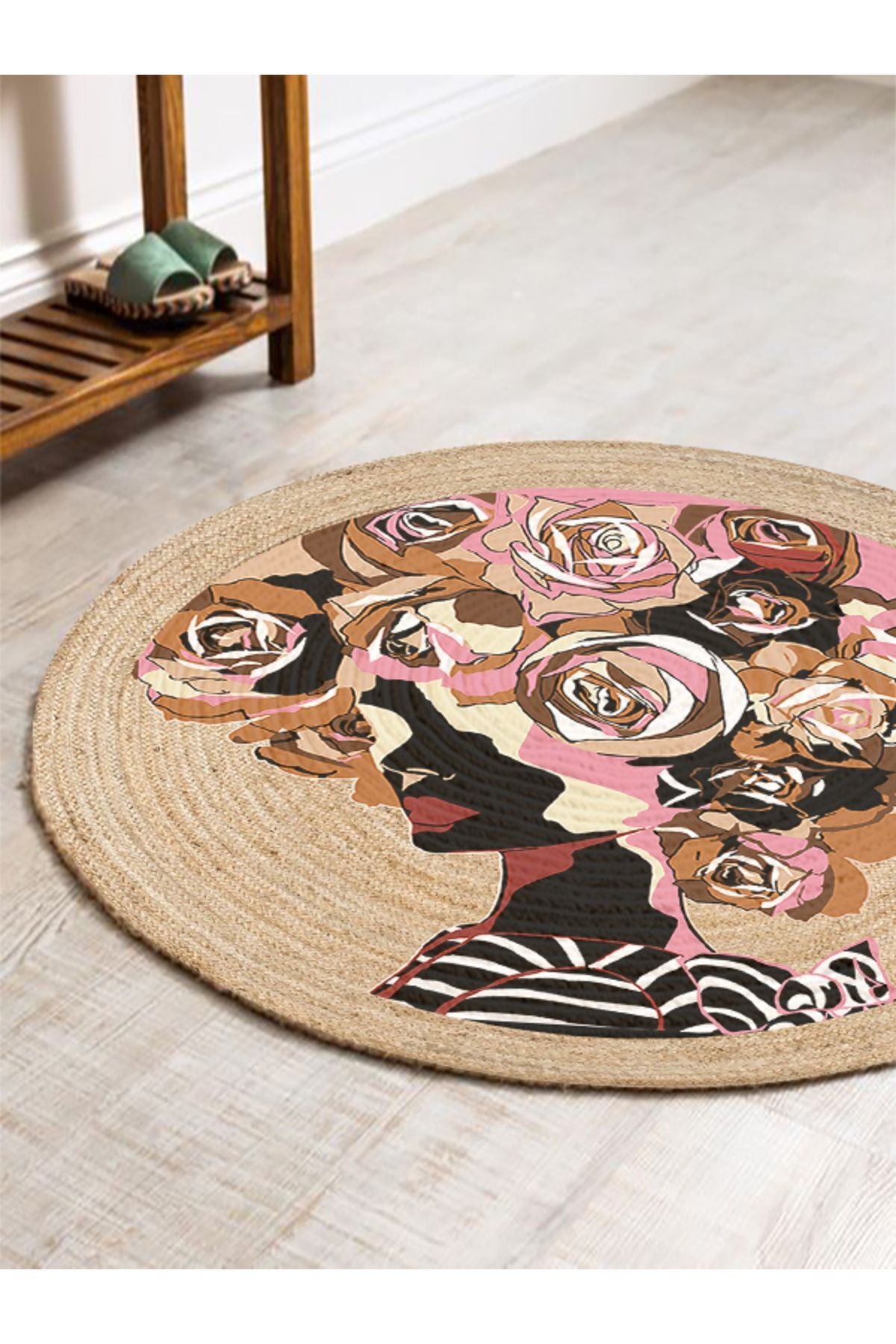 Boho 905 Jut Renkli Kadın Temalı Etnik Örgü Yuvarlak Natural Renk Çift Taraflı Halı, çift taraflı kullanım imkanı sunarak pratik bir dekorasyon katmanı sağlıyor.