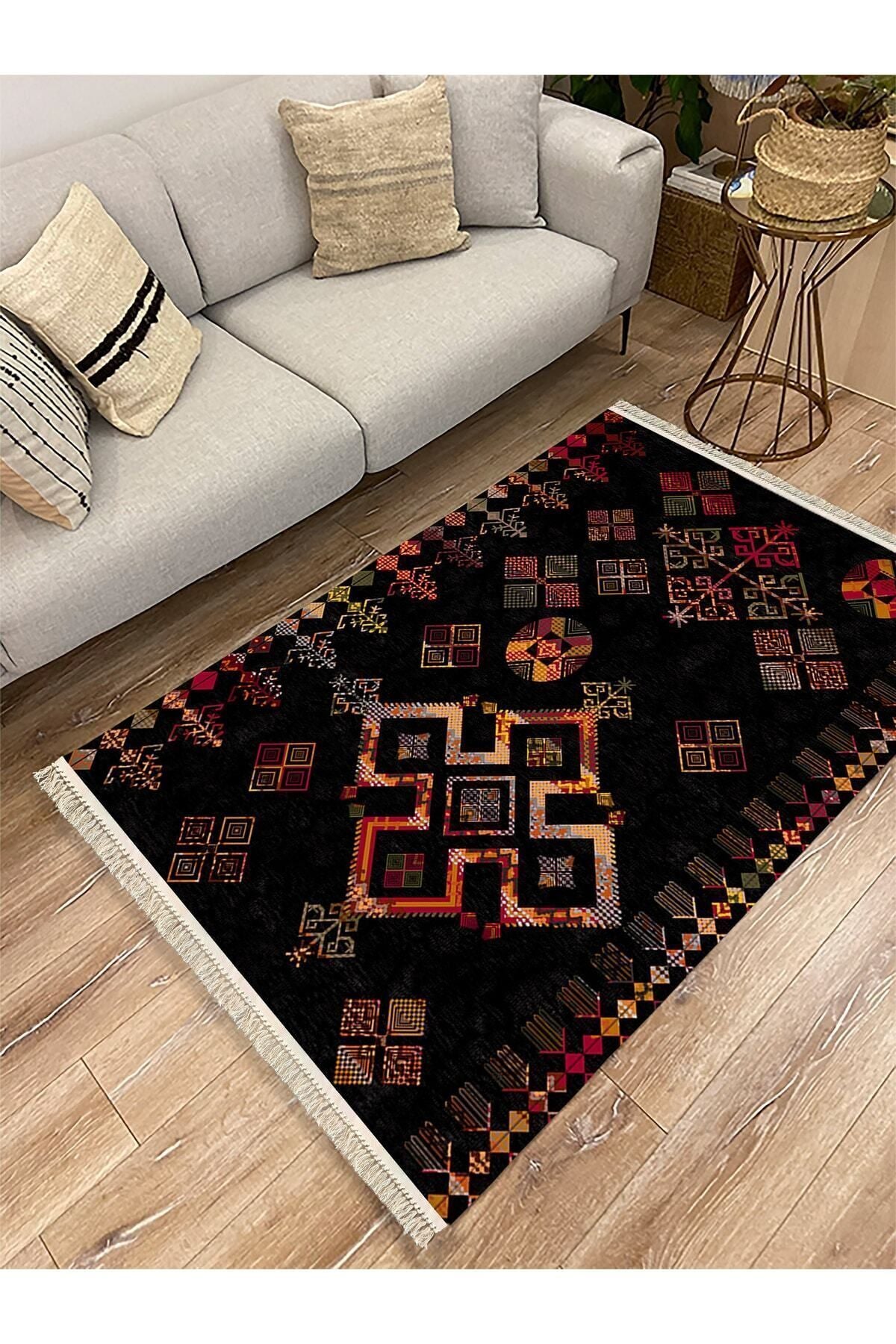 Cotton Serisi Siyah Tonlu Geometrik Eskitme Desen Dekoratif Dokuma Taban Kilim