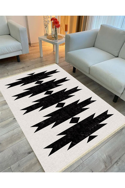 Cotton Serisi Açık Gri Ve Siyah Tonunda Geometrik Desen Dekoratif Dokuma Taban Kilim