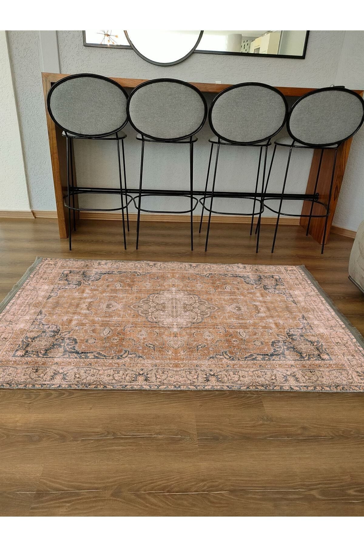 Halı Vagonu Serisi Hardal Eskitme Antika Desen Kaymaz Taban Şönil Halı