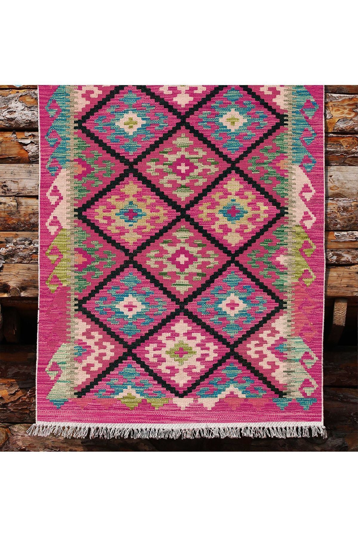Cotton Kilim 61 Füşya Geleneksel Motifler Modern Dekoratif Saçaklı Yıkanabilen Dokuma Kilim
