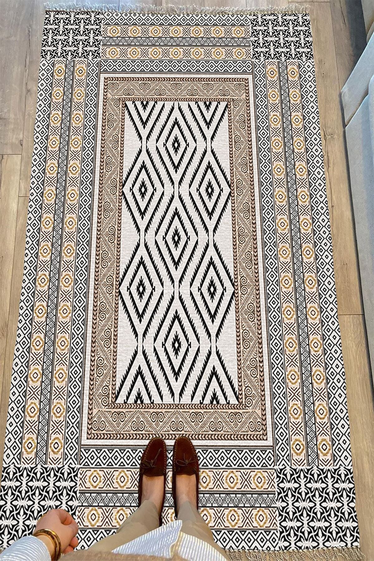 Cotton Serisi Yunan Motifli Eskitme Antik Otantik Desen Dekoratif Dokuma Taban Kilim