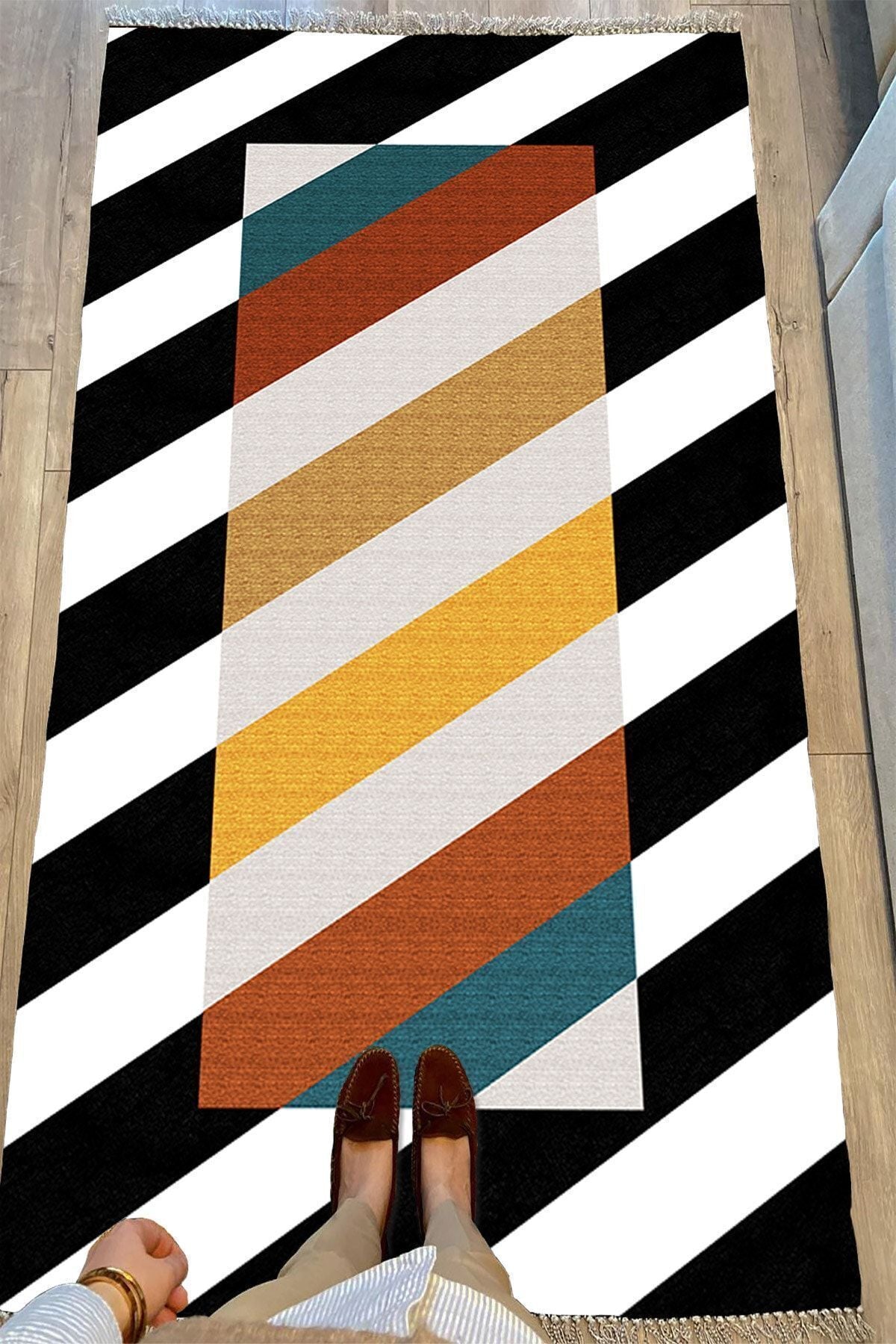 Cotton Serisi Siyah Beyaz Ve Multy Tonlarında Yatay Çizgili Dekoratif Dokuma Taban Kilim