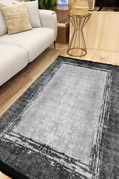 Halı Vagonu 2003 Gri Tonunda Bordürlü Desen Kaymaz Taban Dekoratif Halı