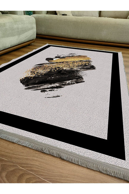 Halı Vagonu Halı 2076 Gri Siyah Bordürlü Soyut Dekoratif Halı Salon Halısı Saçaklı Yıkanabilen Halı