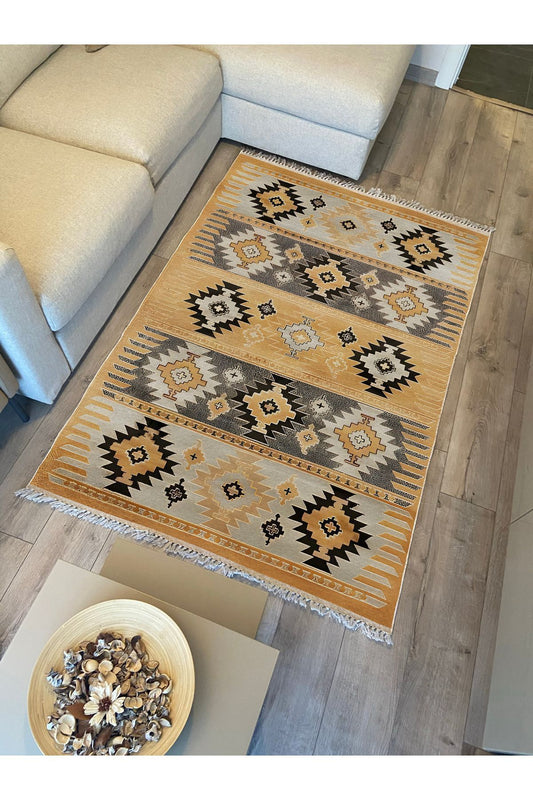 Cotton Kilim 4 Hardal Tonunda Geometrik Desenli Dekoratif Yıkanabilen Dokuma Taban Kilim
