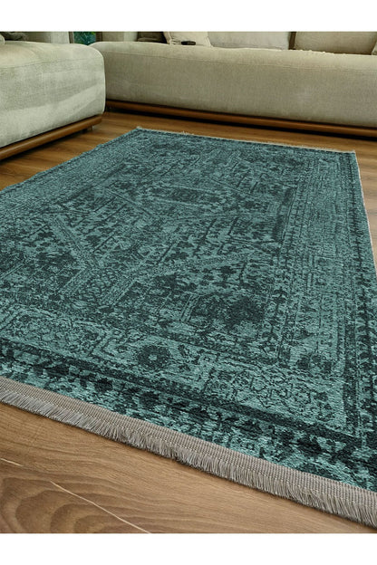 Halı Vagonu 2079 Yeşil Tonunda Dekoratif Halı Salon Halısı Saçaklı Yıkanabilen Halı