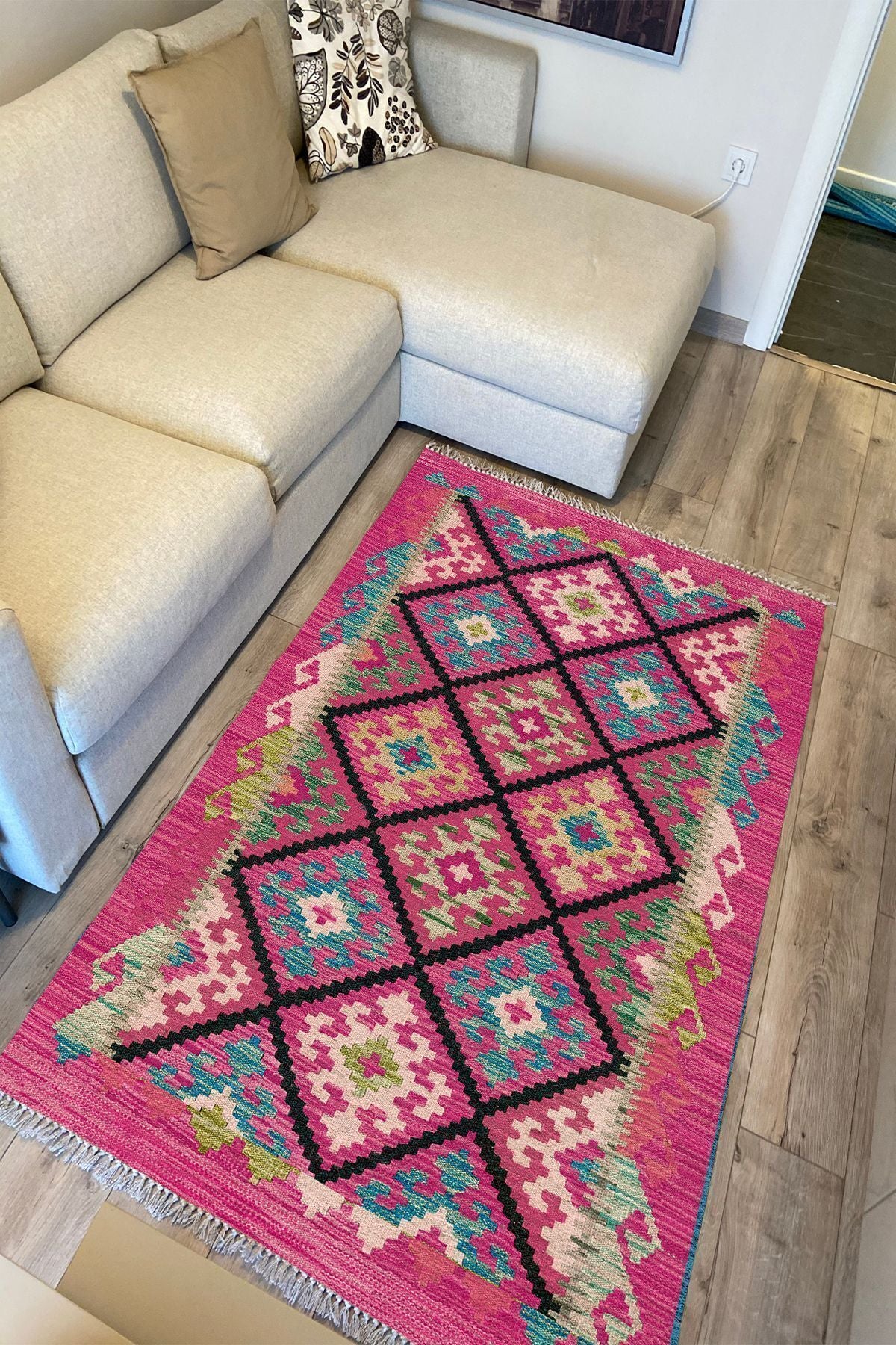 Cotton Kilim 61 Füşya Geleneksel Motifler Modern Dekoratif Saçaklı Yıkanabilen Dokuma Kilim