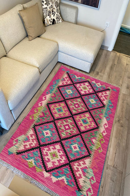 Cotton Kilim 61 Füşya Geleneksel Motifler Modern Dekoratif Saçaklı Yıkanabilen Dokuma Kilim
