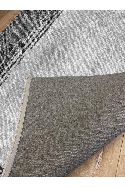 Halı Vagonu 2003 Gri Tonunda Bordürlü Desen Kaymaz Taban Dekoratif Halı