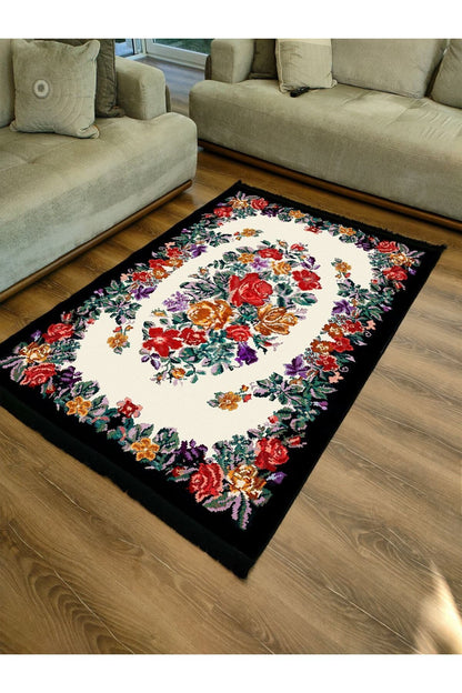 Halı Vagonu Serisi Kahve Tonlarında Çerçeveli Eskitme Geometrik Desen Kaymaz Taban Şönil Halı