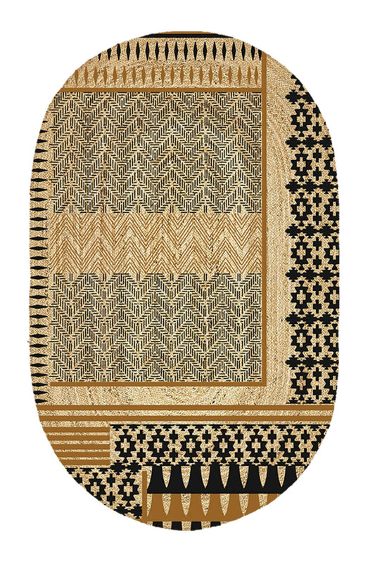Boho 992 Oval Siyah Yel Motifli Etnik Desenli Jüt Rengi Örgü Yuvarlak Natural Çift Taraflı Halı