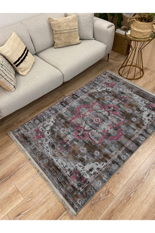 Halı Vagonu84 Etnik Desenli Yıkanabilir Kaymaz Tabanlı Salon Halısı, Koridor Ve Mutfak Halısı