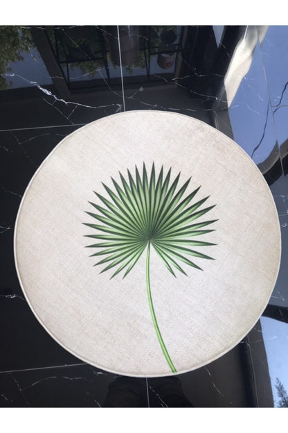 Jüt Efektli Yapraklı Dijital Baskılı Yuvarlak Halı  - Jute1102