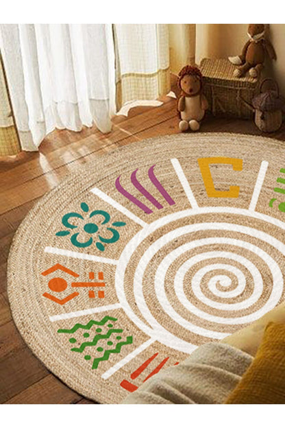 Boho 954 Multy Soyut Desenli Jüt Rengi Örgü Yuvarlak Natural Çift Taraflı Halı