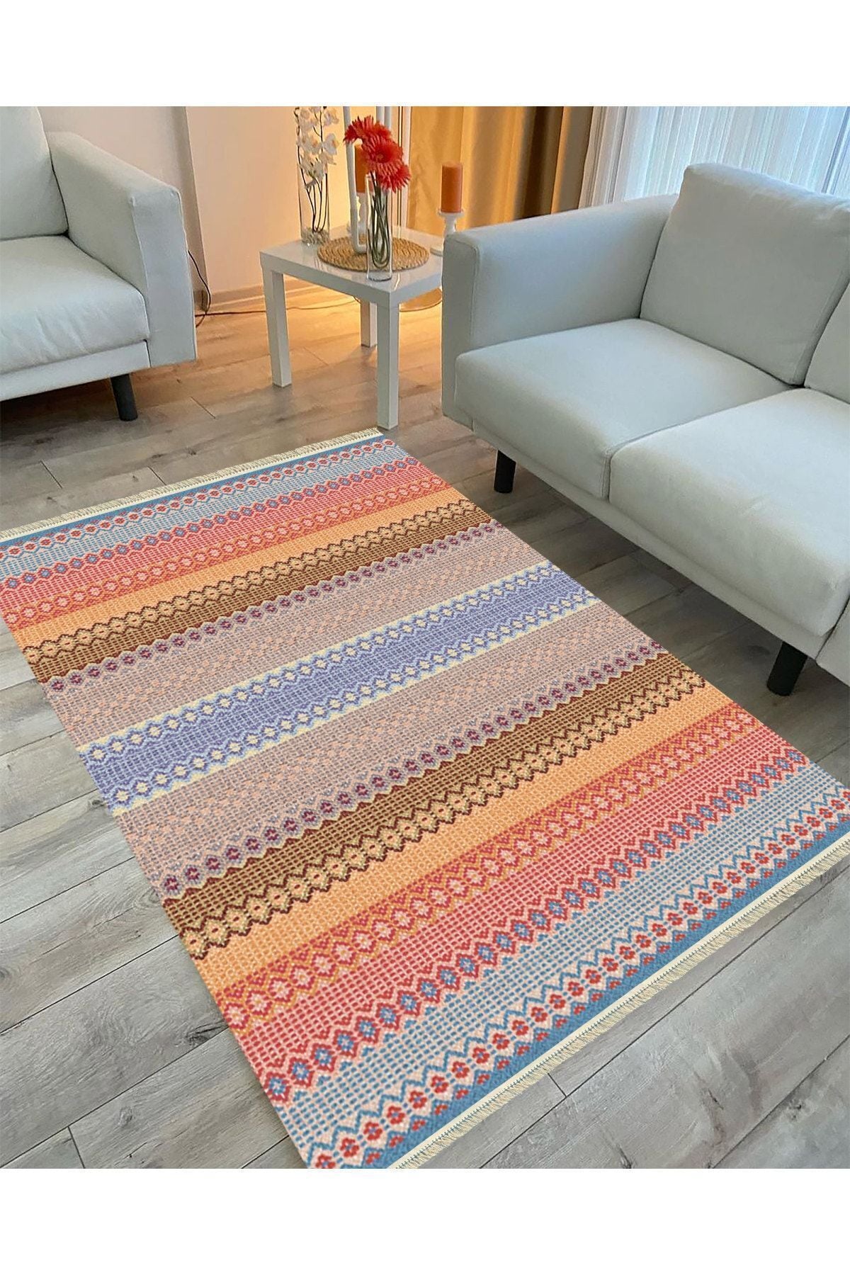 Cotton Serisi Hasır Görünümlü Multy Tonlarında Modern Desen Dekoratif Dokuma Taban Kilim