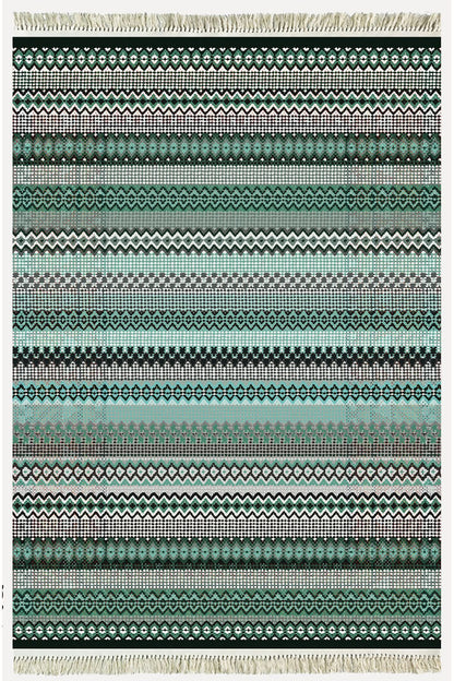 Cotton Kilim 21 Yeşil Zeminli Çizgili Desenli Dekoratif Yıkanabilen Dokuma Taban Kilim
