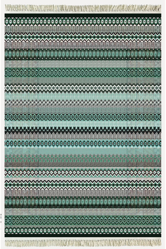 Cotton Kilim 21 Yeşil Zeminli Çizgili Desenli Dekoratif Yıkanabilen Dokuma Taban Kilim