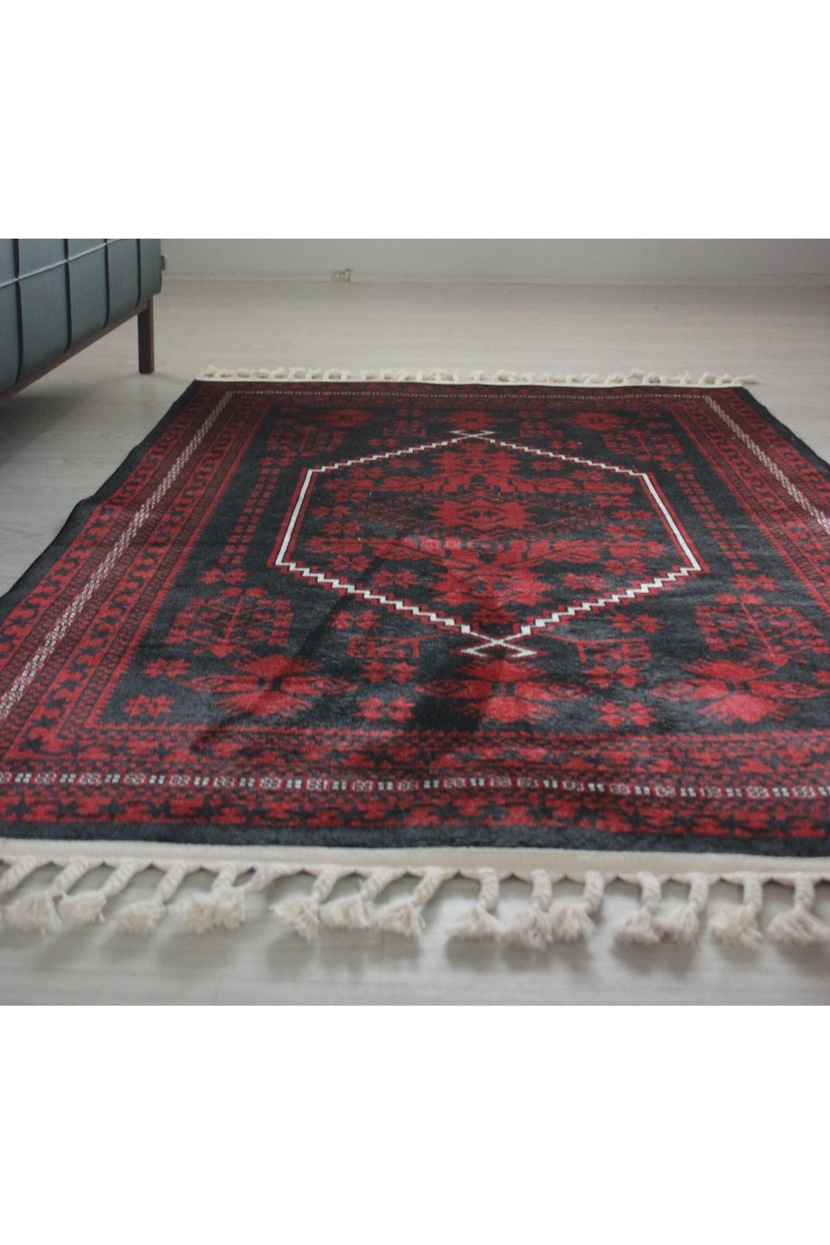 Halı Vagonu 2009 Kırmızı Siyah Bordürlü Etnik Vintage Görünüm Dokuma Taban Halı