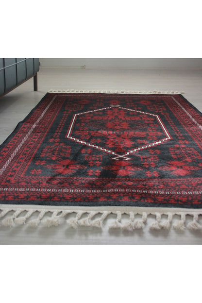 Halı Vagonu 2009 Kırmızı Siyah Bordürlü Etnik Vintage Görünüm Dokuma Taban Halı
