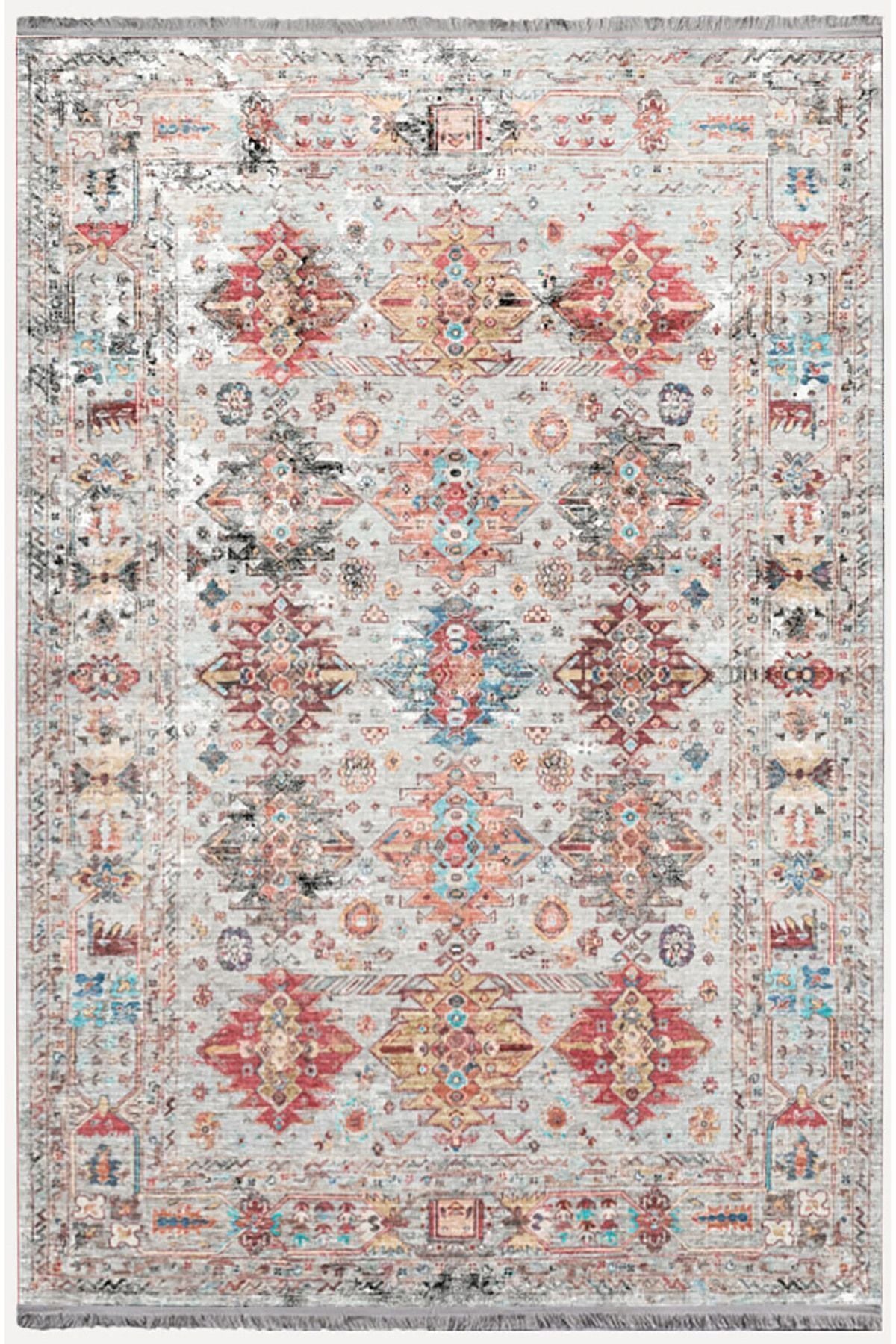 Mars 2164 Krem Tonlarında Eskitme Desen Kaymaz Taban Dekoratif Halı