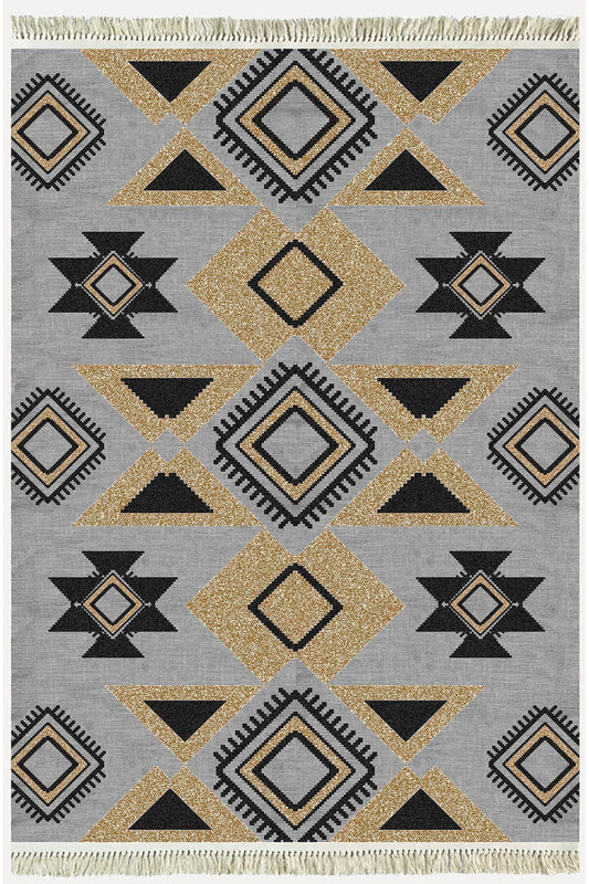 Cotton Kilim 49 Gri Zeminli Geneleksel Motifler Modern Dekoratif Yıkanabilen Dokuma Kilim