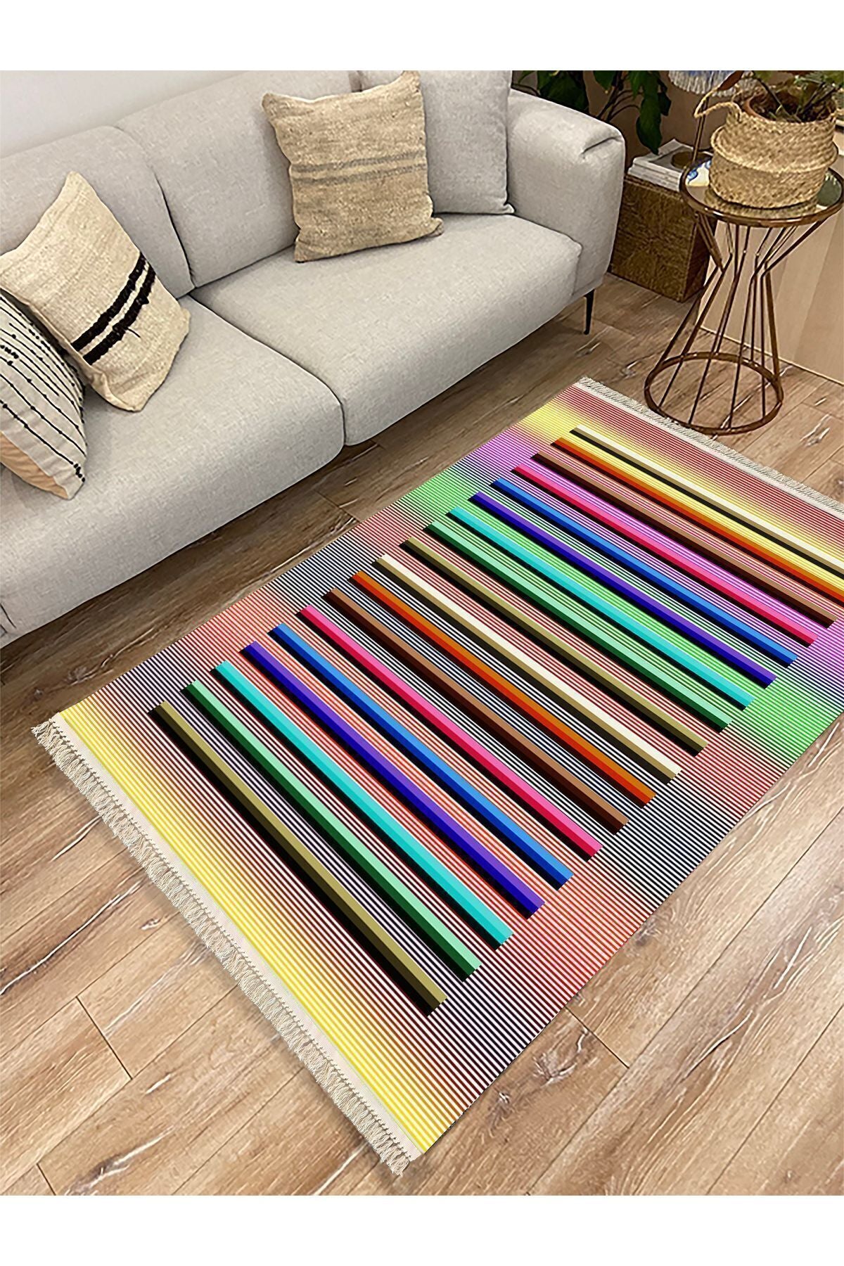 Cotton Kilim 55 Multy Geleneksel Motifler Modern Dekoratif Saçaklı Yıkanabilen Dokuma Kilim