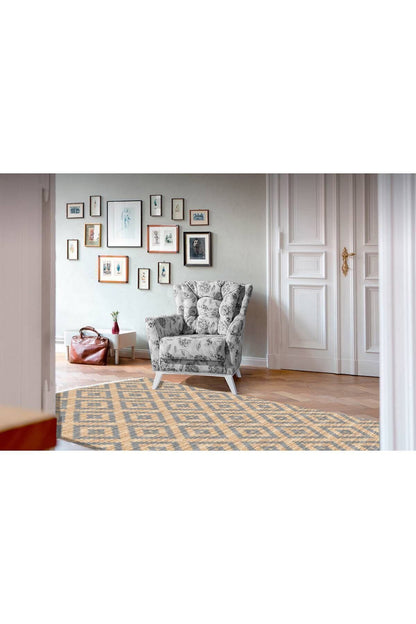 Cotton Serisi Hasır Görünümlü Çıtır Baklava Eskitme Desen Dekoratif Dokuma Taban Kilim