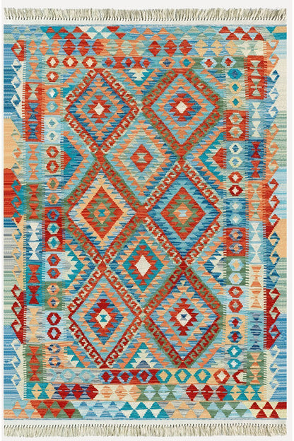 Cotton Serisi Açık Mavi Tonunda Baklavalı Geometrik Desen Dekoratif Dokuma Taban Kilim