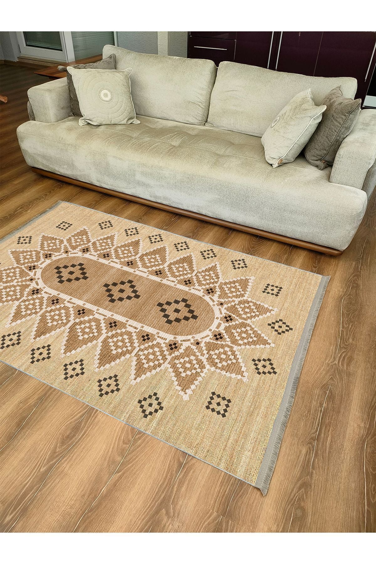 Halı Vagonu105 Jut Tonlarında Klasık Dekoratif Kilim Salon Halısı Saçaklı Yıkanabilen Halı