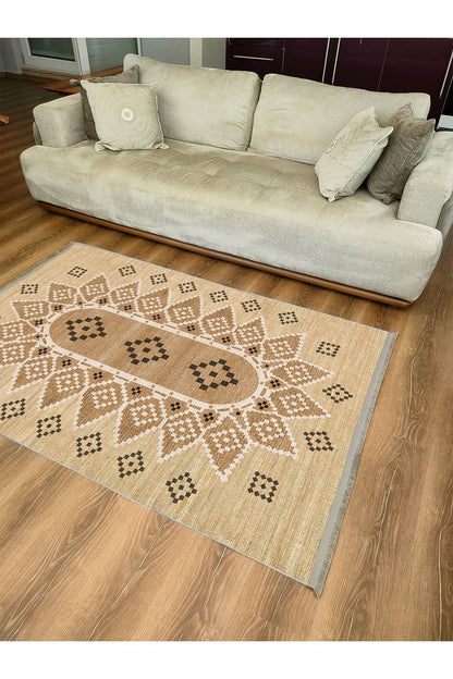 Halı Vagonu105 Jut Tonlarında Klasık Dekoratif Kilim Salon Halısı Saçaklı Yıkanabilen Halı