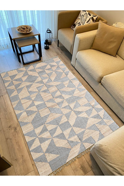 Cotton Kilim 34 Jut Efekli Modern Desenli Dekoratif Yıkanabilen Dokuma Taban Kilim