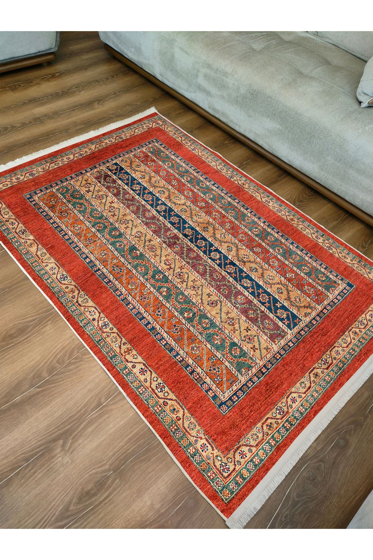 Halı Vagonu Kırmızı Tonlarında Etnik Klasik Eskitme Pamuk  Dokuma Taban Halı 2099