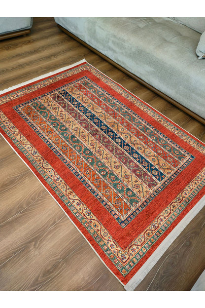 Halı Vagonu Kırmızı Tonlarında Etnik Klasik Eskitme Pamuk  Dokuma Taban Halı 2099