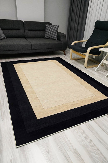 Halı Vagonu 1012 Siyah Çerçeve Bordürlü Etnik Dekoratif Kaymaz Taban Halı